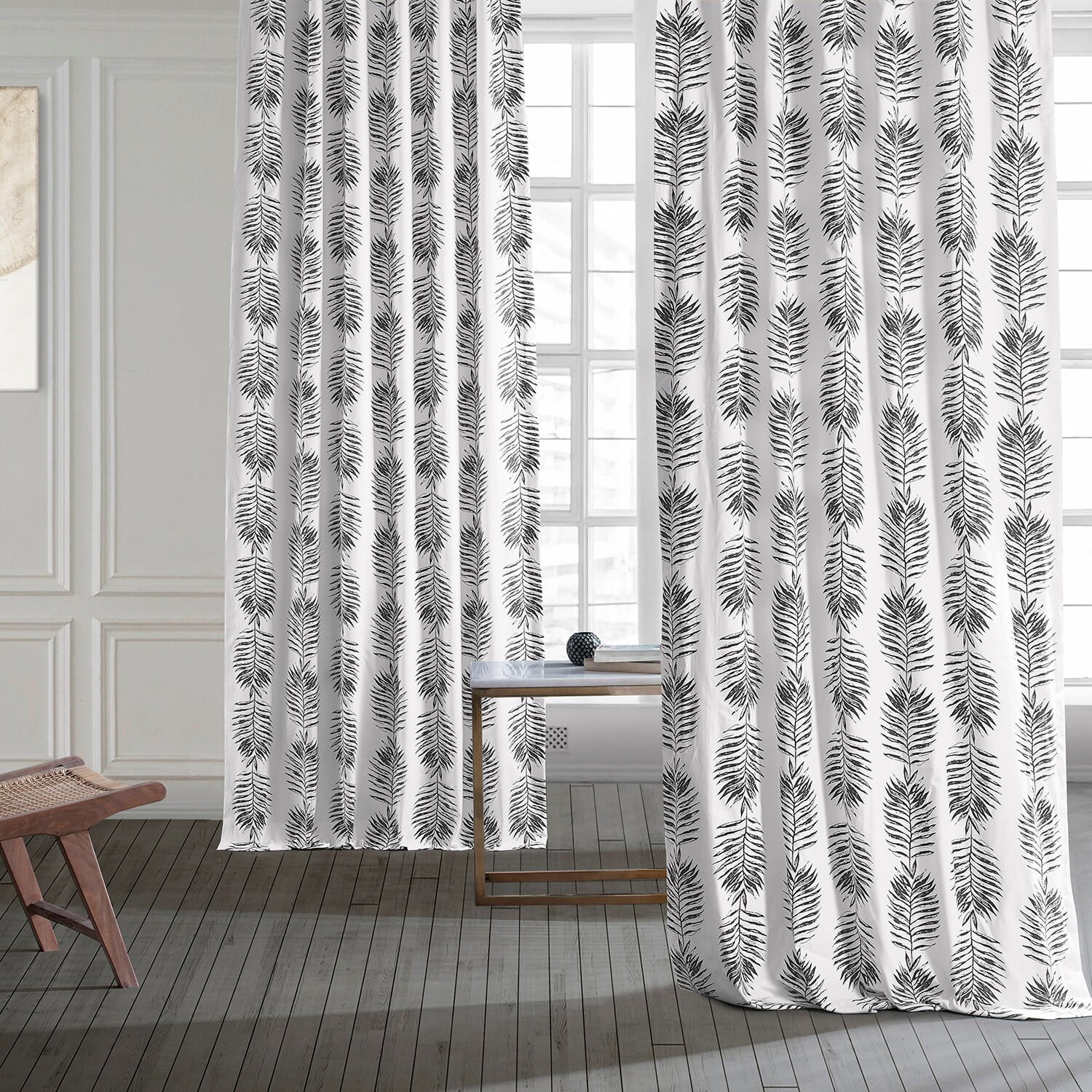 Sago Black Ink Cotton Window Panel with Palm Print, 50W x 84L