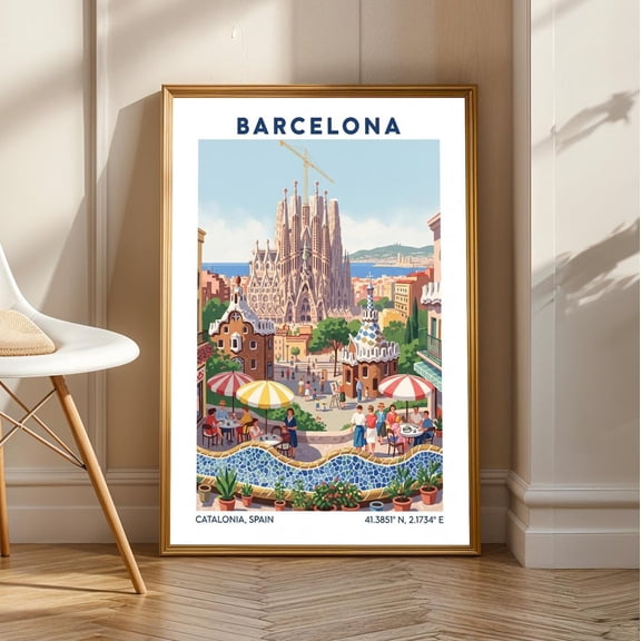 Sagrada Familia Gouache Art Print: Retro Barcelona Travel Poster, Unframed Canvas Size 24x36
