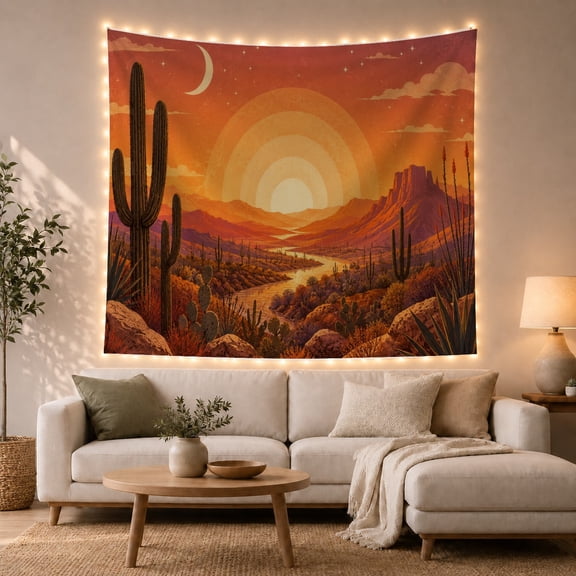 Saguaro Cacti Above a Winding Desert River at Sunset, Serene Retro for Nature Lovers, Celestial Desert Art, Housewarming Gift, Tapestry Wall Hanging for Bedroom and Studio