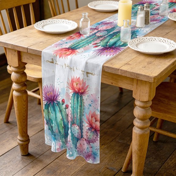 Saguaro Cactus 4.5ft Cheesecloth Table Runner for Wedding 19"x55", Desert Watercolor Pink Flowers Botanical Kitchen Dinner Sheer Tulle Chiffon Dresser Scarf, Holiday Party Decorations