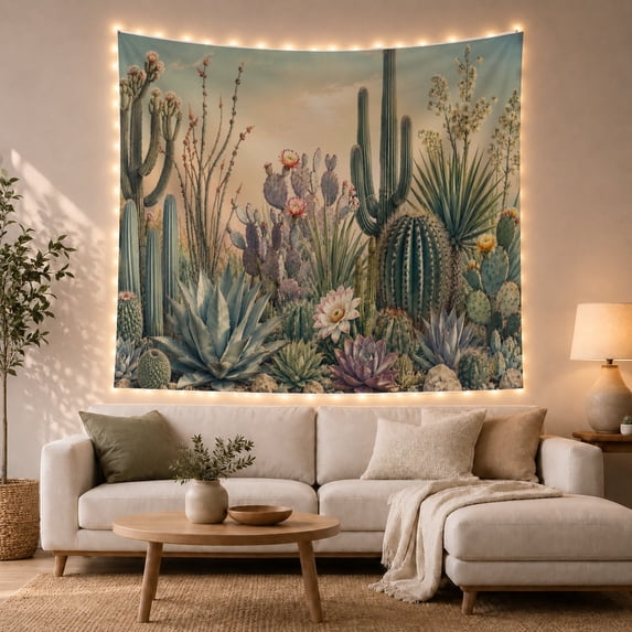 Saguaro Cactus & Agave in Desert Dawn, Calming Botanical Illustration for Plant Lovers, Nature Inspired Decor Housewarming Gift Tapestry Wall Hanging for Bedroom, Living Room and Dorm