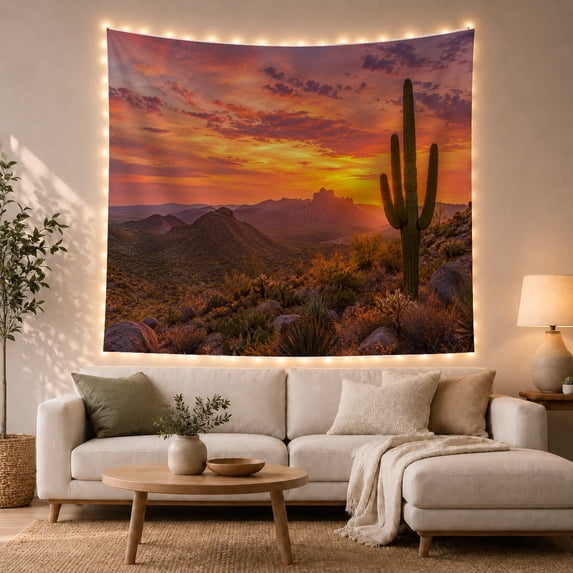 Saguaro Cactus Beneath Orange and Indigo Sunset Clouds, Serene Digital Art for Nature Lovers, Western Desert Decor, Housewarming Gift, Tapestry Wall Hanging for Studio and Den