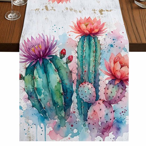 Saguaro Cactus Burlap Cotton Table Runner 18x72 Inches Long, Pink Flowers Desert Tropical Cactus Farmhouse Table Runners, Outdoor Dining Tablecloths Decor for Baby Shower/Party/Wedding