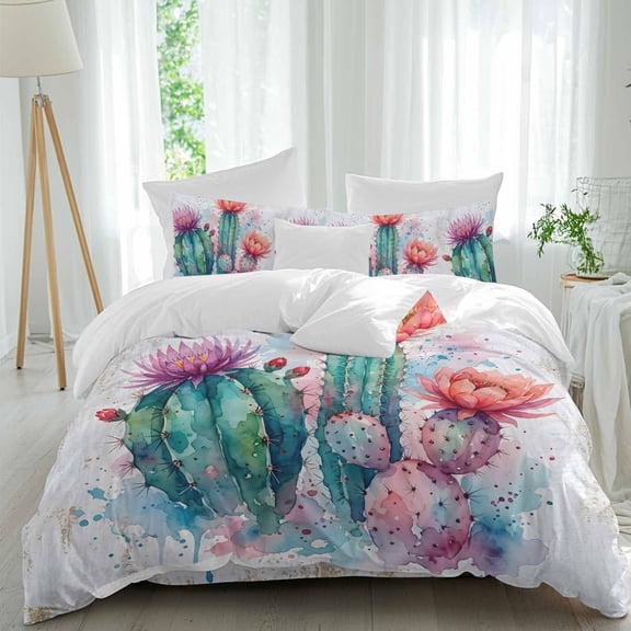 Saguaro Cactus Comforter Set California King Size, Desert Watercolor Pink Flowers Botanical Soft Bedding Set for Man Woman, 4 Pieces Duvet Cover Set with Fitted Sheet, 2 Pillowcases