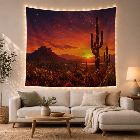 Saguaro Cactus under a Crescent Moon in Desert Valley, Serene Maximalist for Nature Lovers, Twilight Desert Art, Housewarming Gift, Tapestry Wall Hanging for Studio and Den