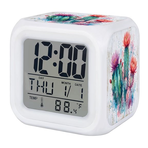 Saguaro Cactus Digital Alarm Clock for Bedrooms, Smart LED Alarm Clock with 7 Color Changing Night Light, Pink Flowers Desert Tropical Cactus Silent Wake Up Clocks for Sleep Study Cooking 3.2"x3.2"