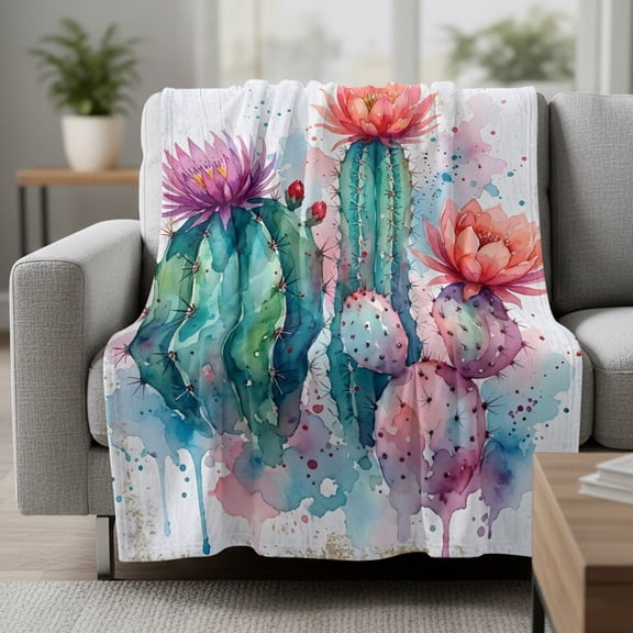 Saguaro Cactus Fleece Throw Blanket Desert Watercolor Pink Flowers Botanical Ultra Soft Fuzzy Cozy Flannel Throw Blanket for Couch Sofa Bed Car Travel, Ideal Gifts 40x60 Inches