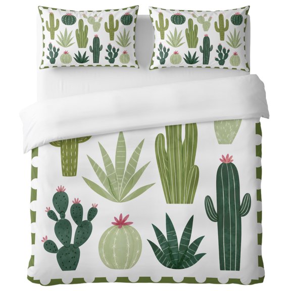 Saguaro Cactus Full Duvet Cover Set, Green Prickly Pear Cactus Barrel Cactus Botanical Decorative 3 Piece Bedding Set with Zipper Closure Soft Breathable Microfiber Comforter Cover 2 Pillowcases