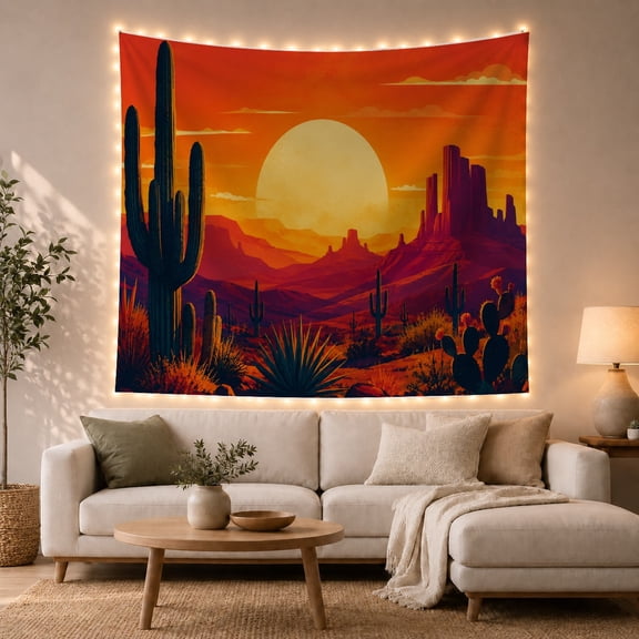 Saguaro Cactus in a Glowing Desert Sunset, Dramatic Illustration for Nature Lovers, Western Desert Art, Housewarming Gift, Tapestry Wall Hanging for Bedroom and Living Room