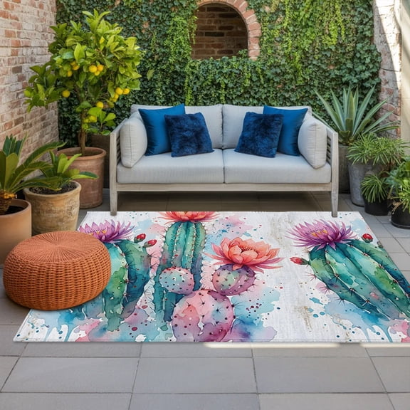 Saguaro Cactus Indoor Outdoor Rugs 4x6 Ft, Desert Watercolor Pink Flowers Botanical Outdoor Patio Rugs Mat Washable Outside Area Rugs Carpet for Porch Deck RV Camping Pool Balcony Backyard