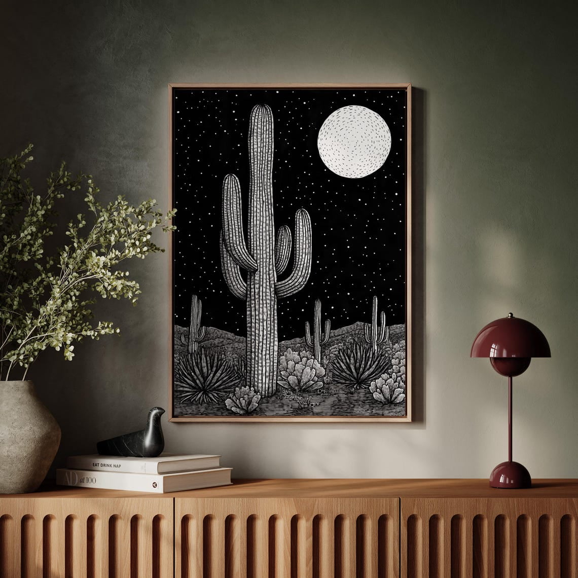 Saguaro Cactus Night Sky Art, Black And White Desert Wall Decor ...
