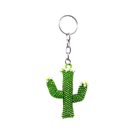 Saguaro Cactus Plant Seed Bead 3D Figurine Keychain Metal Ring - Handmade Gifts Boho Car Keys Bag Nature Accessories
