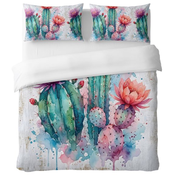 Saguaro Cactus Queen Duvet Cover Set, Desert Watercolor Pink Flowers Botanical Decorative 3 Piece Bedding Set with Zipper Closure Soft Breathable Microfiber Comforter Cover & 2 Pillowcases