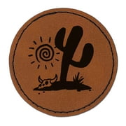 Saguaro Cactus Sonoran Desert Bull Skull 2.5" Faux Leather Round Engraved Iron-On Patch - Brown