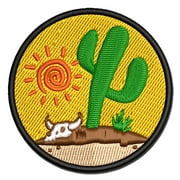 Saguaro Cactus Sonoran Desert Bull Skull Applique Multi-Color Embroidered Iron-On Patch - 3.5 Inch Large