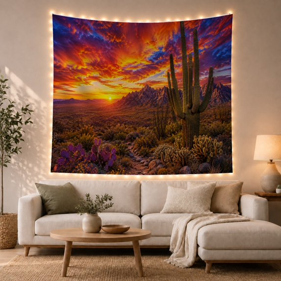 Saguaro Cactus in Sunset Desert Landscape, Dramatic Digital Art for Nature Enthusiasts, Southwestern Themed Decor, Housewarming Gift Tapestry Wall Hanging for Living Room and Bedroom