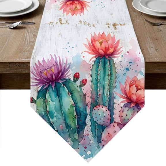 Saguaro Cactus Table Runner Linen Burlap Table Runner 90 Inches Long Pink Flowers Desert Tropical Cactus Dresser Scarves for Kitchen Island Coffee Dining Room Party Wedding Holiday Decor 13"x90"