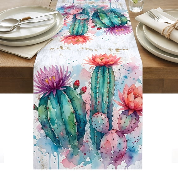 Saguaro Cactus Table Runner Pink Flowers Desert Tropical Cactus Tablerunners 13 x 36 Inch, Table Decorations Tabletop Scarf for Summer Gathering Holiday Farmhouse Kitchen Dining Decor
