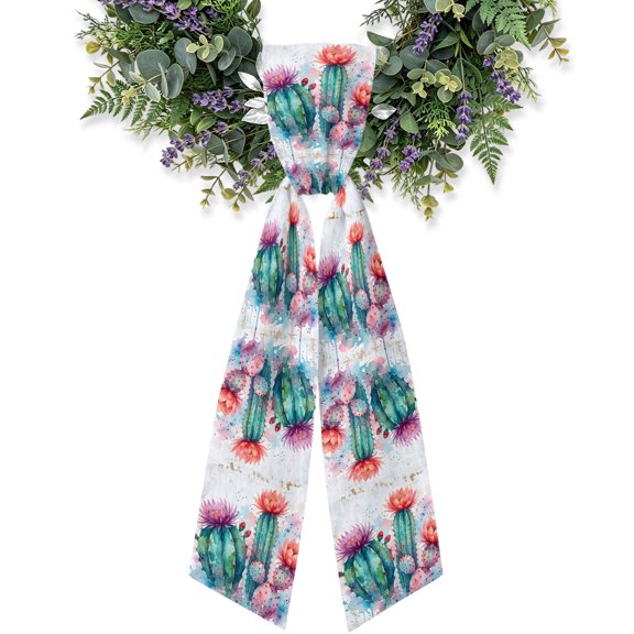 Saguaro Cactus Wreath Sash for Front Door, Pink Flowers Desert Tropical Cactus Wreath Bow Holiday Garland Ribbon Wreath Accessories for Home Yard Porch Doorway Fall Christmas Decorations Gifts