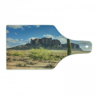 Saguaro Cutting Board, Famous Canyon Cliff with Dramatic Cloudy Sky Southwest Terrain Place Nature, Tempered Glass Cutting and Serving Board, Wine Bottle Shape, Brown Green Blue, by Ambesonne