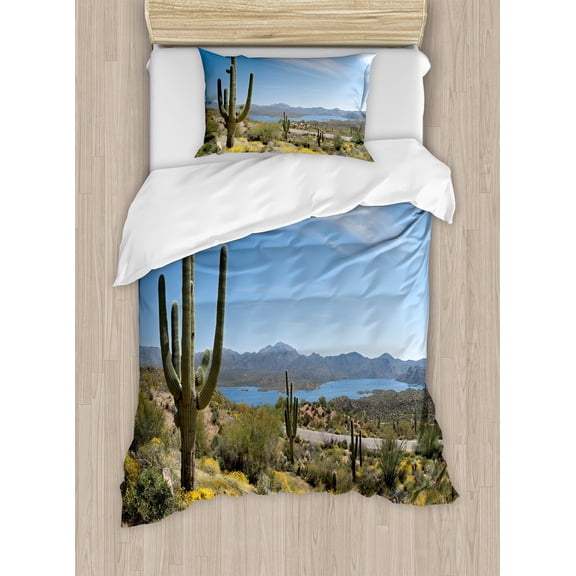 Saguaro Duvet Cover Set, Big Cactus on the Valley over Bartlett Lake in Desert Shallow Root Nature Image, Decorative 2 Piece Bedding Set with 1 Pillow Shams, Twin Size, Blue Green, by Ambesonne