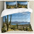 thumbnail image 1 of Saguaro Duvet Cover Set, Big Cactus on the Valley over Bartlett Lake in Desert Shallow Root Nature Image, Decorative 3 Piece Bedding Set with 2 Pillow Shams, Calking Size, Blue Green, by Ambesonne, 1 of 3