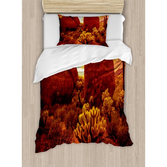 Saguaro Duvet Cover Set, Dramatic Desert Scenery Like Burnt by Sun near Scottsdale Hot Rocks Serene Western Image, Decorative 2 Piece Bedding Set with 1 Pillow Shams, Twin Size, Red, by Ambesonne