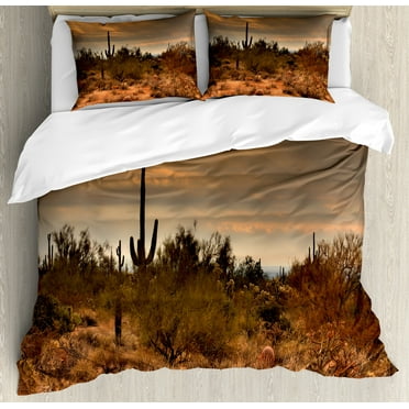 Saguaro Duvet Cover Set, Dramatic Shady Desert View with a Storm Cloud Approaching Western Arizona Photo, Decorative 3 Piece Bedding Set with 2 Pillow Shams, Calking Size, Orange Green, by Ambesonne