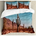 thumbnail image 1 of Saguaro Duvet Cover Set, Grown Prominent Cacti with the Spines Hardy Plants Clear Sky Landscape Picture, Decorative 3 Piece Bedding Set with 2 Pillow Shams, King Size, Brown Blue, by Ambesonne, 1 of 3