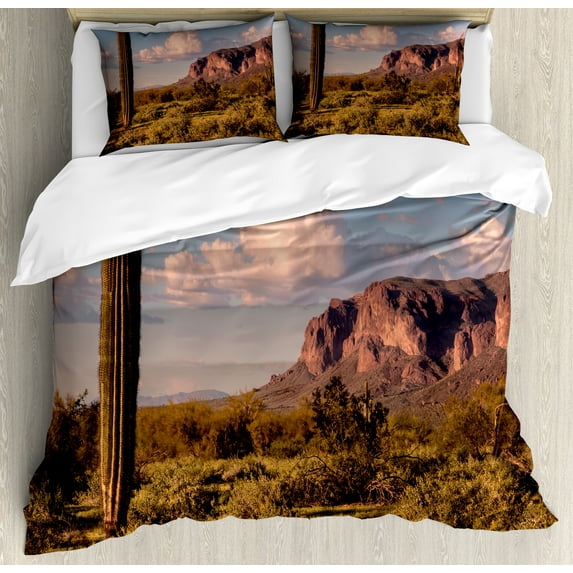 Saguaro Duvet Cover Set, Mountain State Park with Non Spiral Sided Leaf Aleo Storage Landscape Photo, Decorative 3 Piece Bedding Set with 2 Pillow Shams, Calking Size, Brown Blue Green, by Ambesonne