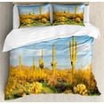 thumbnail image 1 of Saguaro Duvet Cover Set, Sun Bath in Sonoran Desert Blooming Cactus Spring Time Vegetation Scenery, Decorative 3 Piece Bedding Set with 2 Pillow Shams, Queen Size, Marigold Blue Green, by Ambesonne, 1 of 3