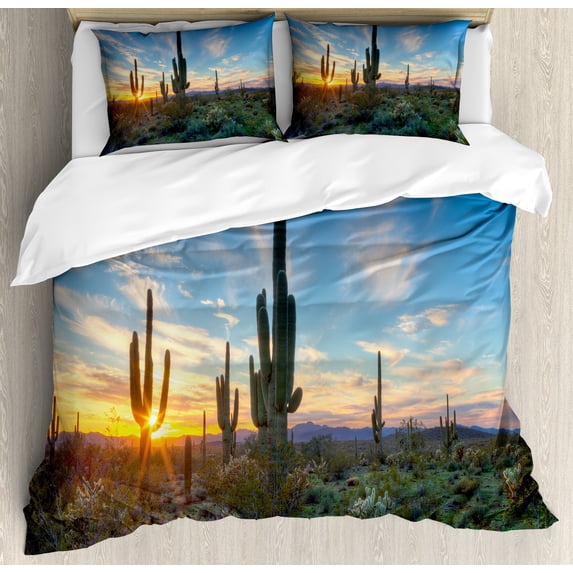 Saguaro Duvet Cover Set, Sun is Setting Between Cactus Plants with Spines Noon Landscape Wild Design, Decorative 3 Piece Bedding Set with 2 Pillow Shams, Queen Size, Green Blue, by Ambesonne
