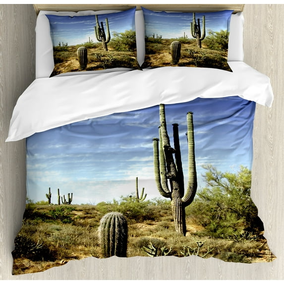 Saguaro Duvet Cover Set, Tall Saguaro Cactus with Spined Leaves Desert Plants in Sunny Day Picture Print, Decorative 3 Piece Bedding Set with 2 Pillow Shams, King Size, Blue Green, by Ambesonne