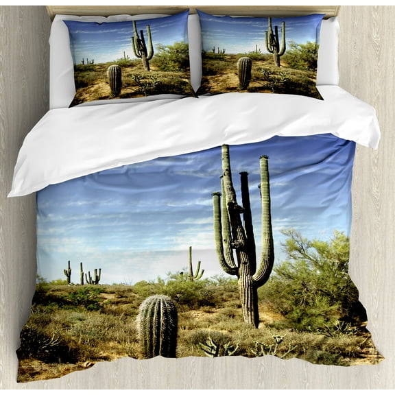 Saguaro Duvet Cover Set, Tall Saguaro Cactus with Spined Leaves Desert Plants in Sunny Day Picture Print, Decorative 3 Piece Bedding Set with 2 Pillow Shams, Calking Size, Blue Green, by Ambesonne