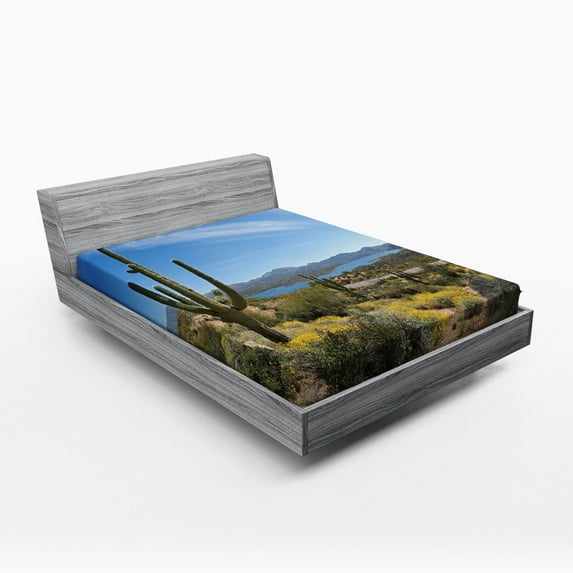 Saguaro Fitted Sheet, Big Cactus on the Valley over Bartlett Lake in Desert Shallow Root Nature Image, Soft Decorative Fabric Bedding, Queen Size, Blue Green, by Ambesonne