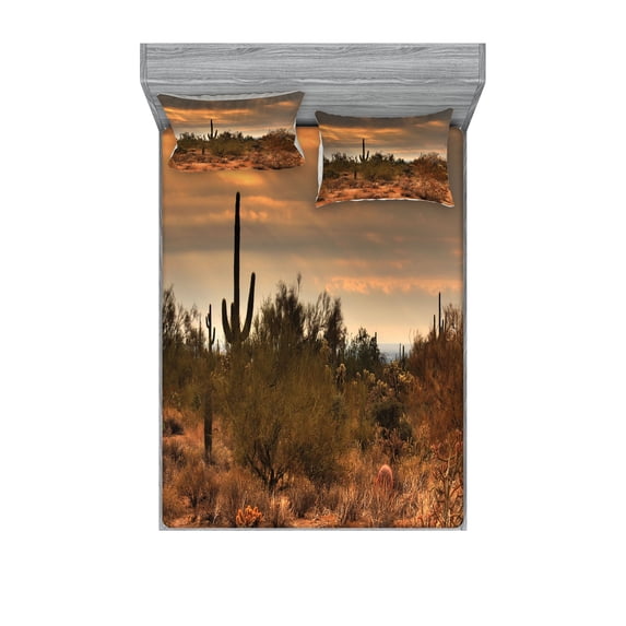 Saguaro Fitted Sheet & Pillow Sham Set, Dramatic Shady Desert View with a Storm Cloud Approaching Western Arizona Photo, Decorative 6 Piece Bedding Decor Set, Calking, Orange Green, by Ambesonne