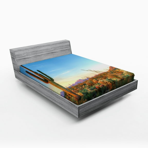 Saguaro Fitted Sheet, Sun Goes down in Desert Prickly Pear Cactus Southwest Texas National Park, Soft Decorative Fabric Bedding, Queen Size, Orange Blue Green, by Ambesonne
