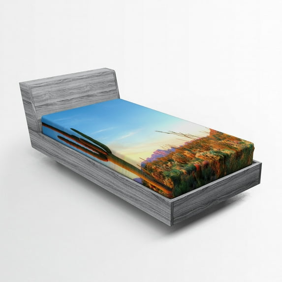 Saguaro Fitted Sheet, Sun Goes down in Desert Prickly Pear Cactus Southwest Texas National Park, Soft Decorative Fabric Bedding, Twin XL Size, Orange Blue Green, by Ambesonne