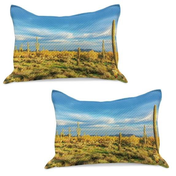 Saguaro Knitted Quilt Pillowcover Set of 2, Floral Cactus Catching the Last Sunrays Day Long Life Western Plant Print, Standard Queen Pillow Sham Bedroom, 30" x 20", Yellow Blue Green, by Ambesonne