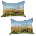 thumbnail image 1 of Saguaro Knitted Quilt Pillowcover Set of 2, Sun Bath in Sonoran Desert Blooming Cactus Spring Time Vegetation Scenery, Standard Queen Pillow Sham Bedroom, 30" x 20", Marigold Blue Green, by Ambesonne, 1 of 1