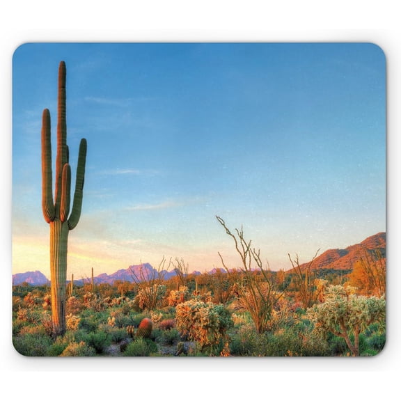 Saguaro Mouse Pad, Sun Goes Down in Desert Prickly Pear Cactus Southwest Texas National Park, Rectangle Non-Slip Rubber Mousepad, Standard Size, Orange Blue Green