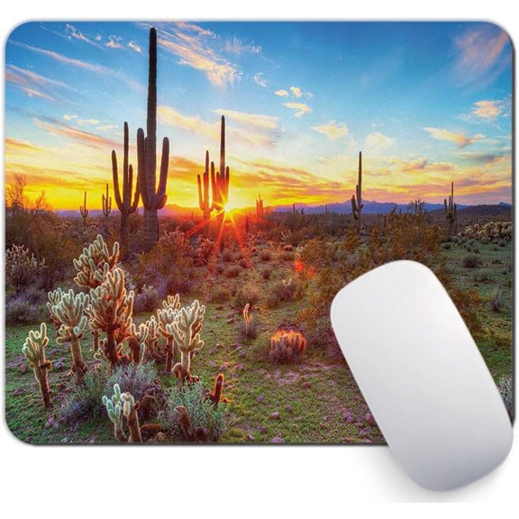 Saguaro Mouse Pad, Sun is Setting Between Saguaros Wildflowers in The Sonoran Desert Scene Picture, Standard Size Rectangle Non-Slip Rubber Mousepad, Multicolor