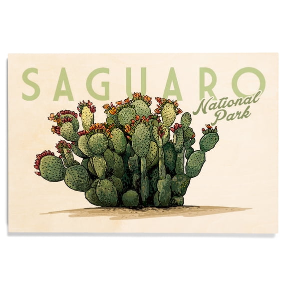 Saguaro National Park, Arizona, Prickly Pear Cactus Birch Wood Wall Sign (12x18 Rustic Home Decor, Ready to Hang Art)