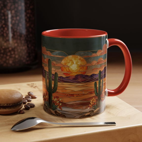 Saguaro National Park Stained Glass Style AccentMug, Arizona Desert Coffee Cup, Tucson Cactus Gift