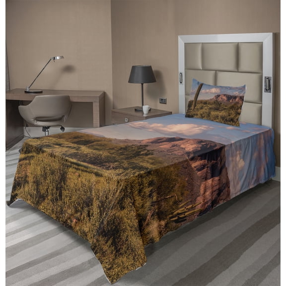 Ambesonne Landscape Fitted & Top Sheet Set with Sham, Mountain State Park, Brown Blue Green