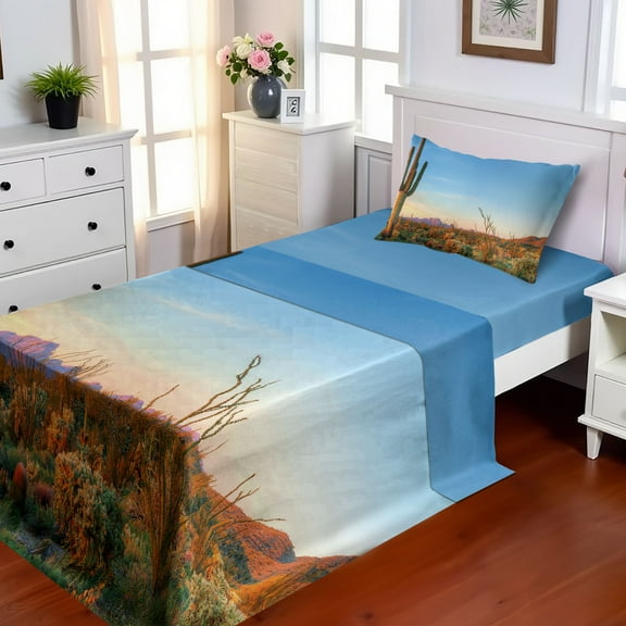 Ambesonne Saguaro Fitted & Top Sheet Set with Sham, Sun in Desert Cactus, Orange Blue Green