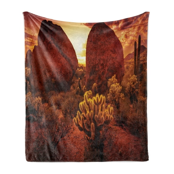 Saguaro Soft Flannel Fleece Blanket, Dramatic Desert Scenery Like Burnt by Sun near Scottsdale Hot Rocks Serene Western Image, Cozy Plush for Indoor and Outdoor Use, 50" x 70", Red, by Ambesonne