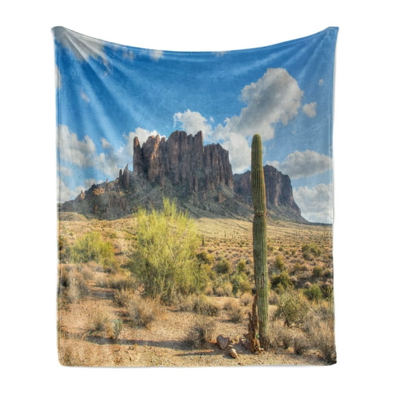 Saguaro Soft Flannel Fleece Blanket, Famous Canyon Cliff with Dramatic Cloudy Sky Southwest Terrain Place Nature, Cozy Plush for Indoor and Outdoor Use, 70" x 90", Brown Green Blue, by Ambesonne