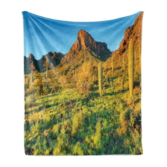 Saguaro Soft Flannel Fleece Blanket, Picacho Peak at Sunrise Surrounded by Barren Area Hostile Living Contidions Theme, Cozy Plush for Indoor and Outdoor Use, 70" x 90", Green Blue, by Ambesonne