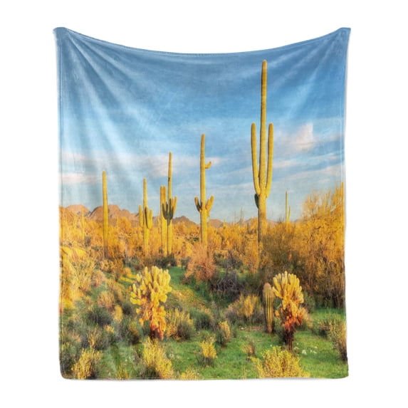 Saguaro Soft Flannel Fleece Blanket, Sun Bath in Sonoran Desert Blooming Cactus Spring Time Vegetation Scenery, Cozy Plush for Indoor and Outdoor Use, 50" x 60", Marigold Blue Green, by Ambesonne